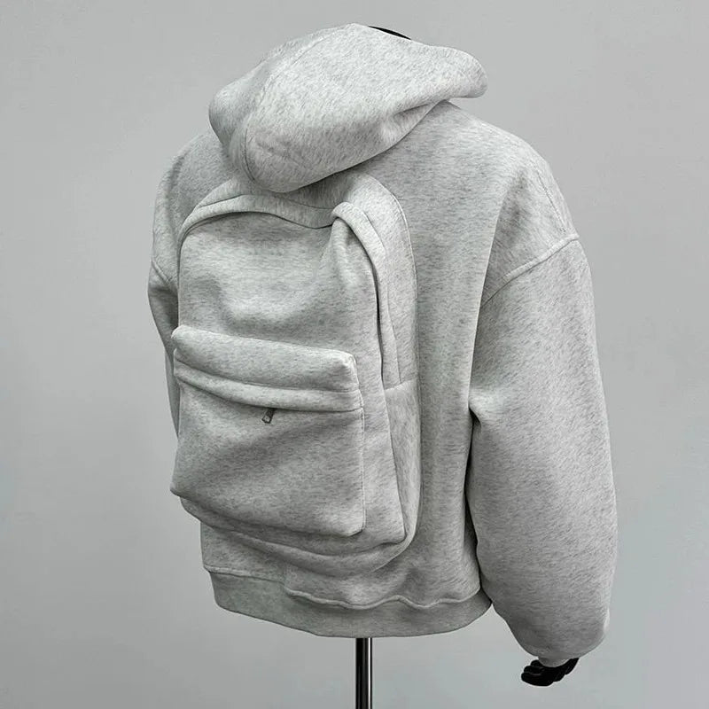 Y2K unisex gray hoodie with a stylish back and backpack design, trendy hip-hop style, versatile zipper style hoodie